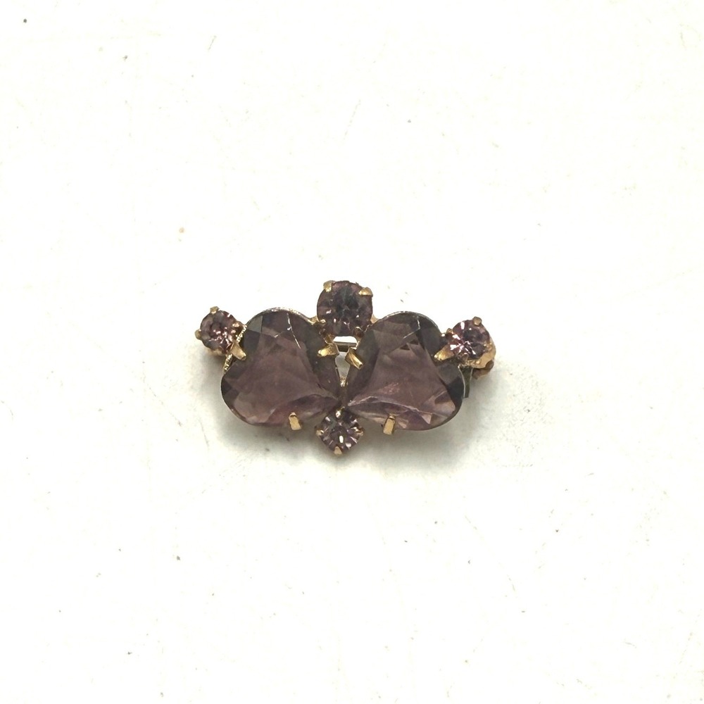 Vintage Gold Tone Purple Rhinestone Heart Butterfly Brooch Pin Petite 1 Inch